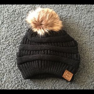 Black Knit Beanie with Faux Fur